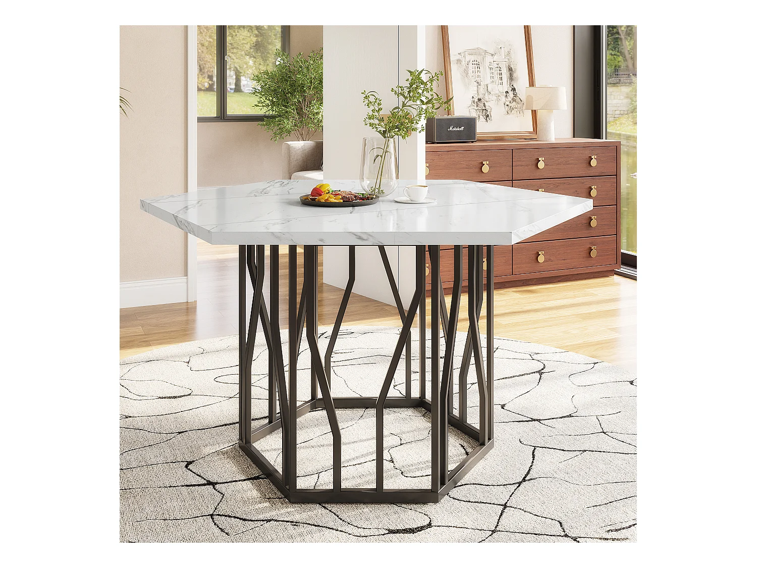 Table à manger hexagonal avec plateau en placage marbre blanc, pieds central en métal noir - 115.5x100x75cm
