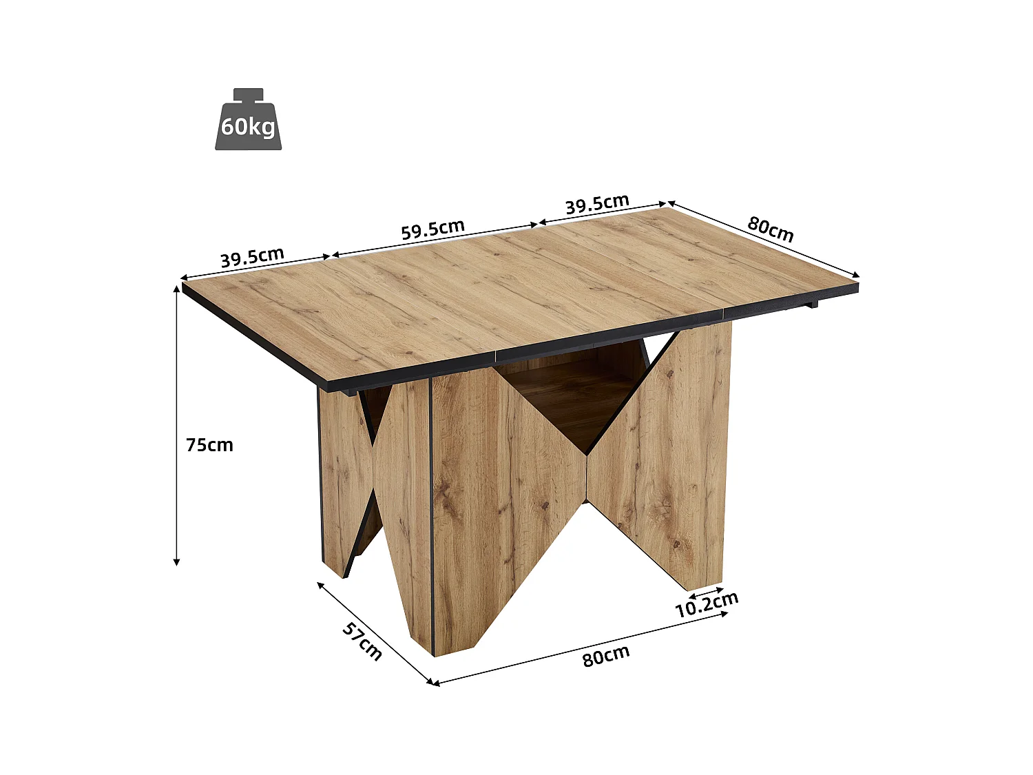 Mesa de jantar retangular em folheado de madeira natural clara com armazenamento integrado - 138,5x80x75cm