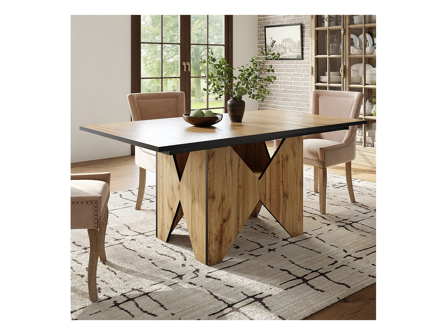 Table à manger rectangle en placage woodgrain naturel clair avec rangement intégré - 138.5x80x75cm
