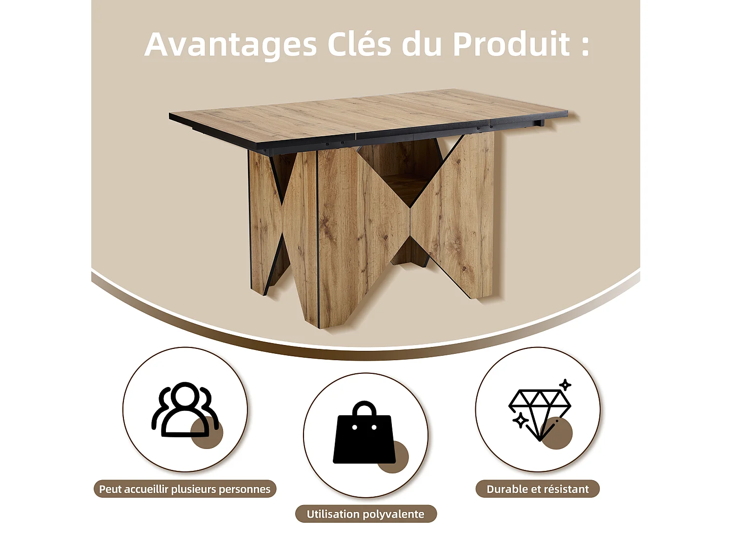 Table à manger rectangle en placage woodgrain naturel clair avec rangement intégré - 138.5x80x75cm