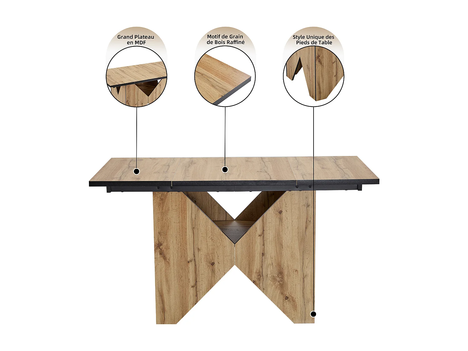 Table à manger rectangle en placage woodgrain naturel clair avec rangement intégré - 138.5x80x75cm