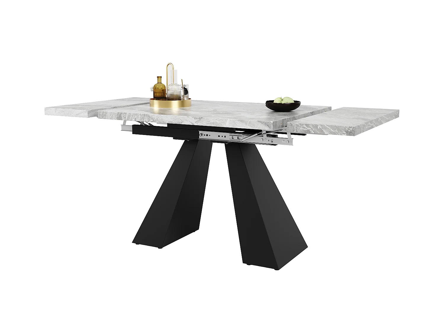 Table à manger extensible rectangle 4-6 personnes, plateau en placage marbre gris avec 2 pieds en métal noir - 99/159x74x77cm