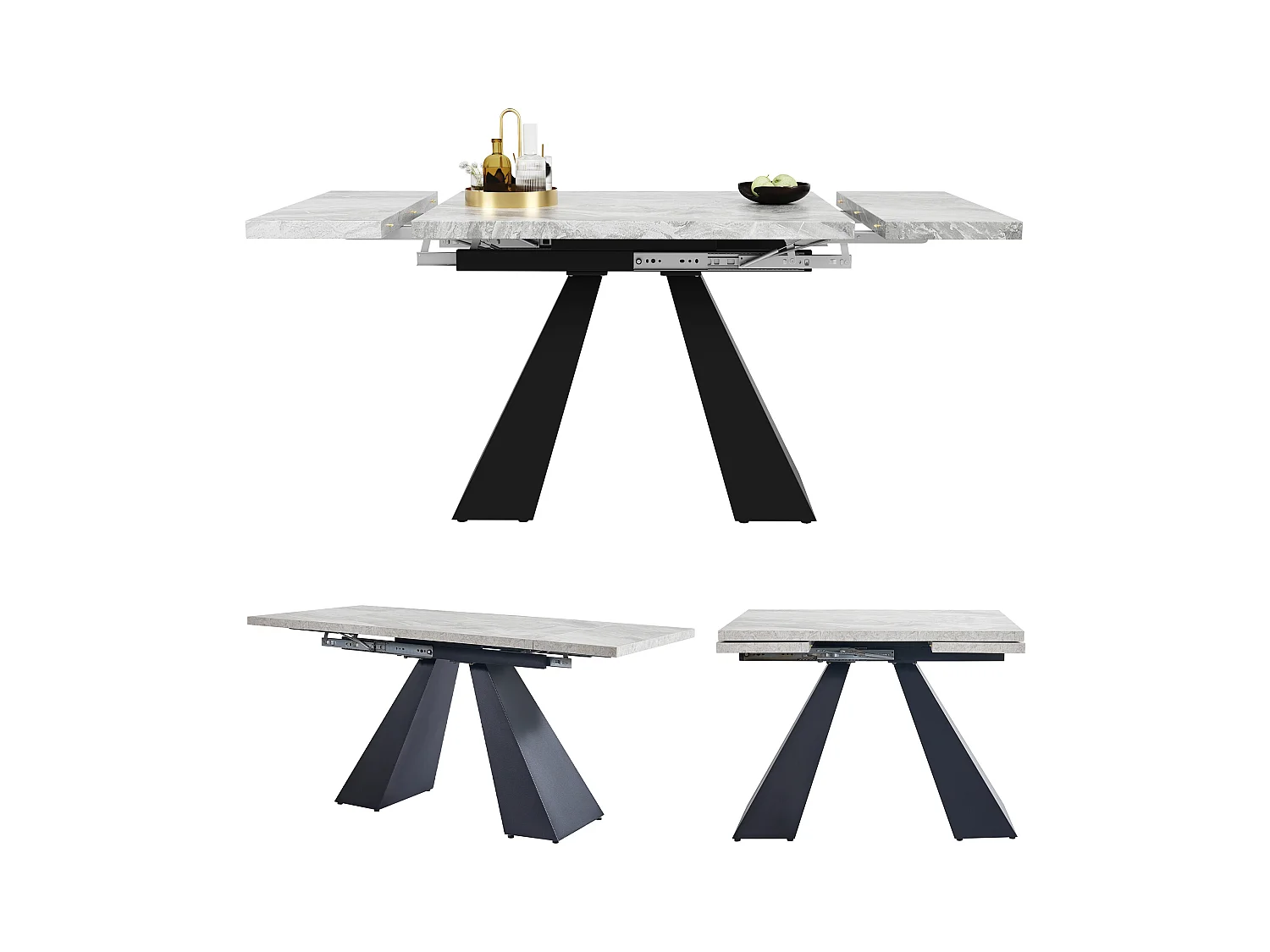 Table à manger extensible rectangle 4-6 personnes, plateau en placage marbre gris avec 2 pieds en métal noir - 99/159x74x77cm