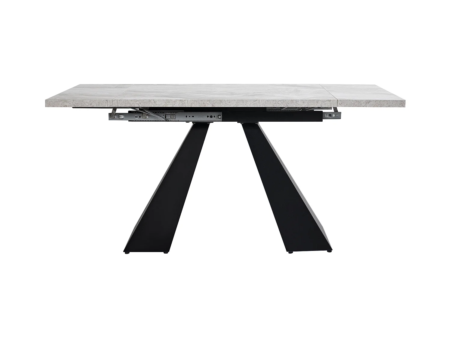 Table à manger extensible rectangle 4-6 personnes, plateau en placage marbre gris avec 2 pieds en métal noir - 99/159x74x77cm