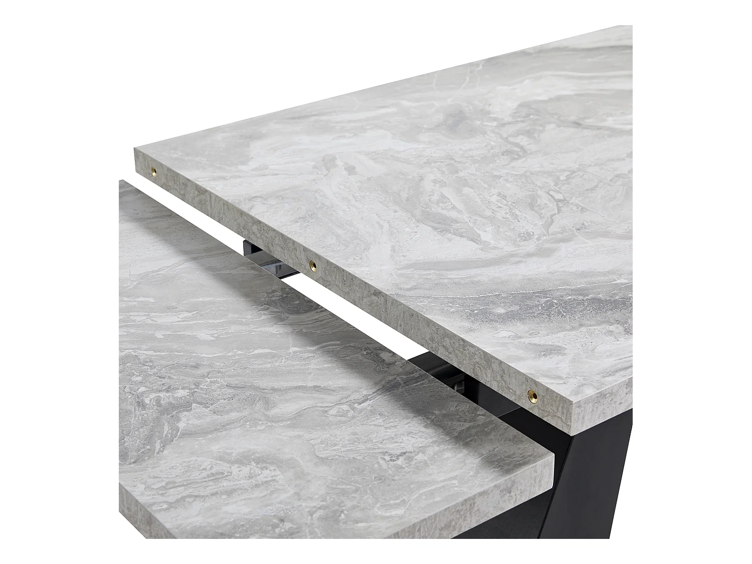 Table à manger extensible rectangle 4-6 personnes, plateau en placage marbre gris avec 2 pieds en métal noir - 99/159x74x77cm