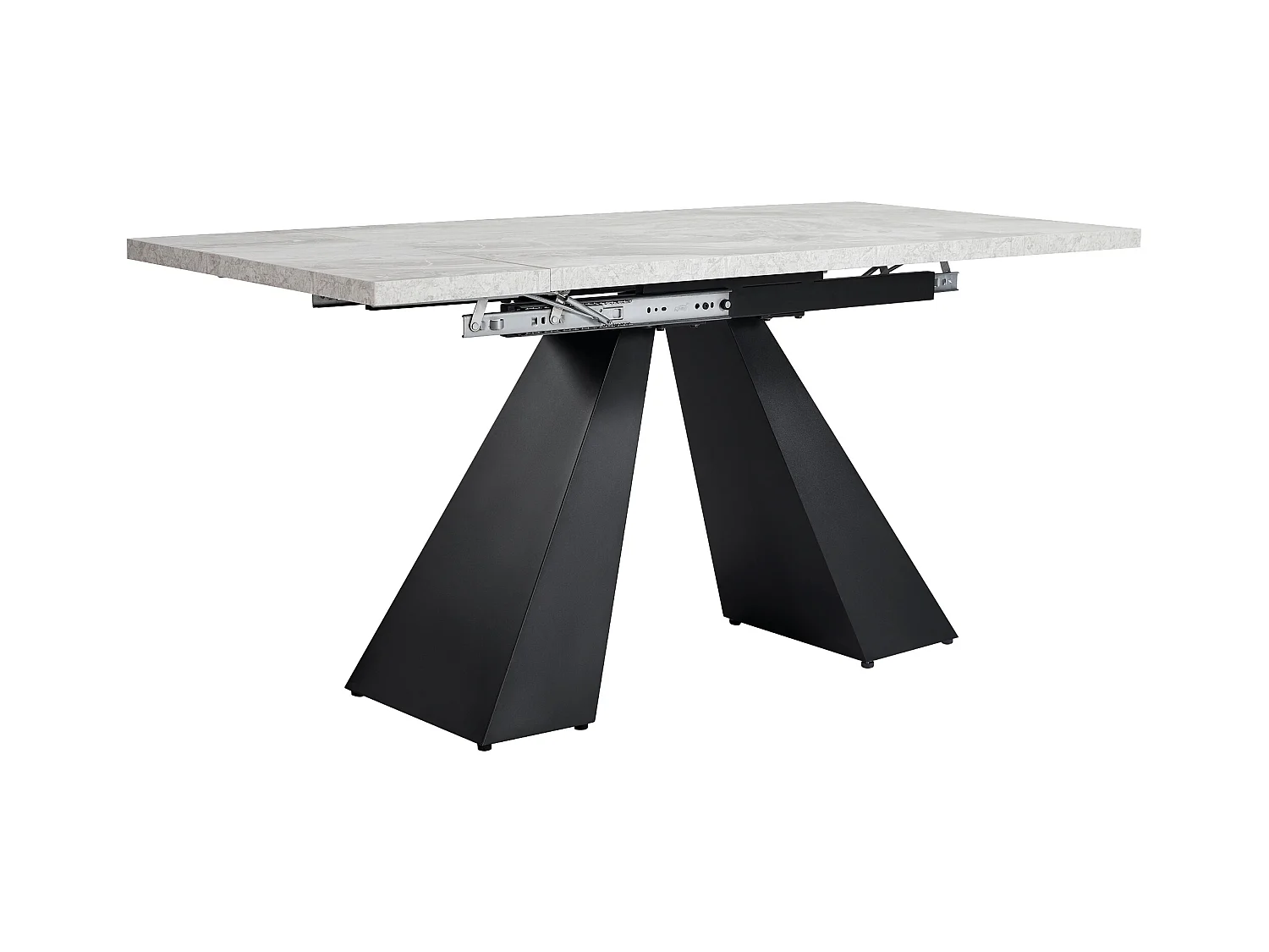 Table à manger extensible rectangle 4-6 personnes, plateau en placage marbre gris avec 2 pieds en métal noir - 99/159x74x77cm