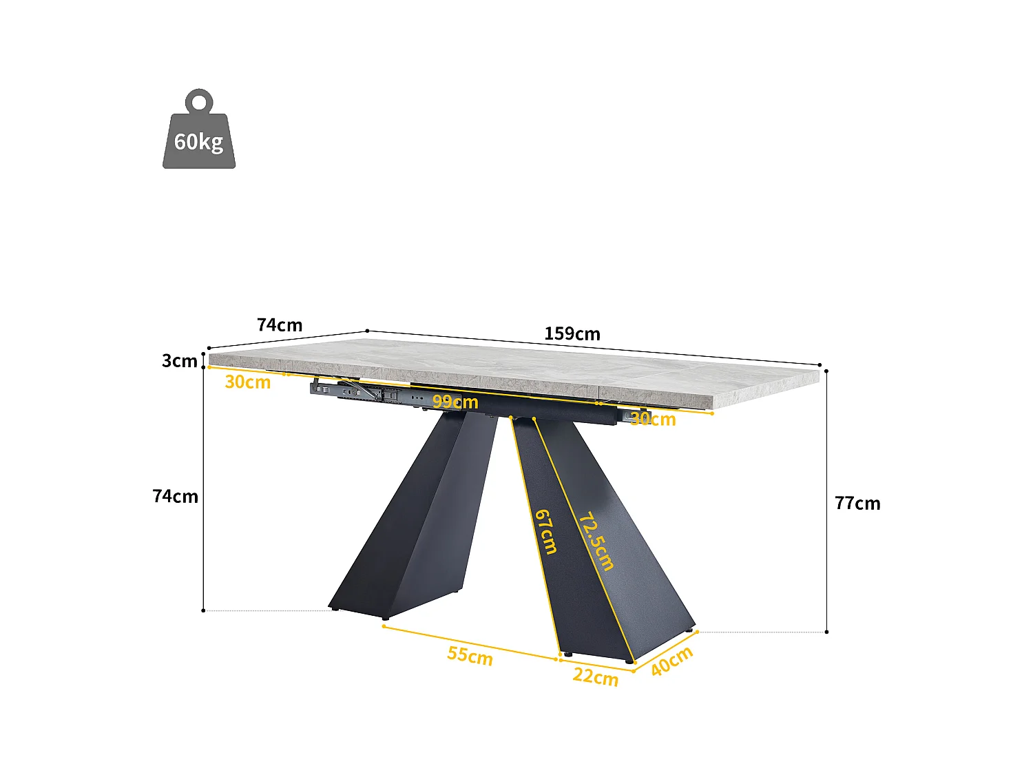 Table à manger extensible rectangle 4-6 personnes, plateau en placage marbre gris avec 2 pieds en métal noir - 99/159x74x77cm