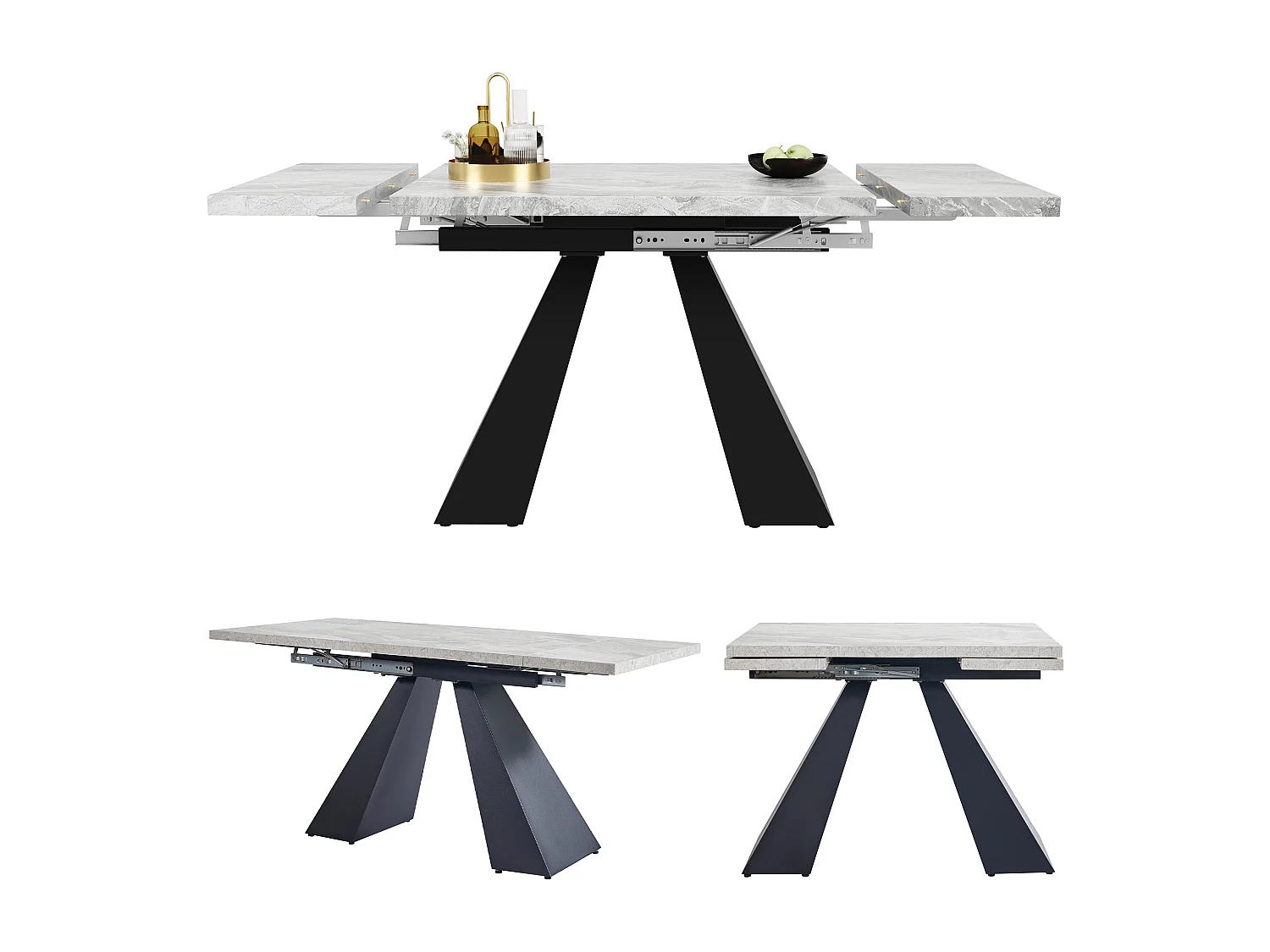 Uitschuifbare rechthoekige eettafel voor 4-6 personen, blad met grijs marmereffect en 2 zwarte metalen poten - 99/159x74x77cm