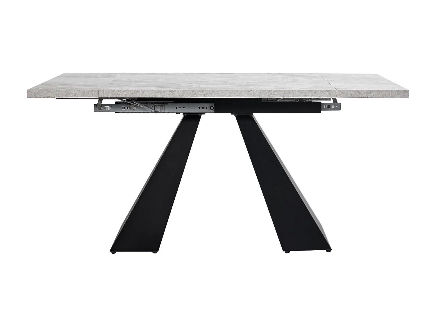 Uitschuifbare rechthoekige eettafel voor 4-6 personen, blad met grijs marmereffect en 2 zwarte metalen poten - 99/159x74x77cm