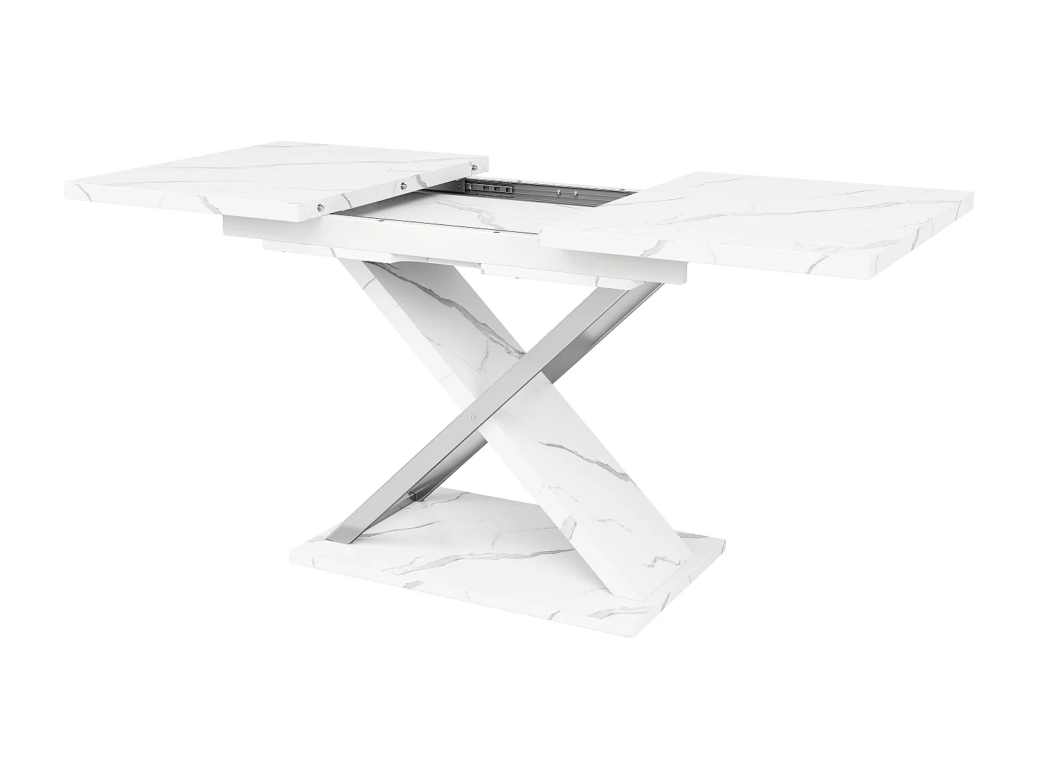 Table à manger extensible rectangle 4-6 personnes, plateau en placage marbre blanc avec pieds en X - 118/157x75x76.4cm