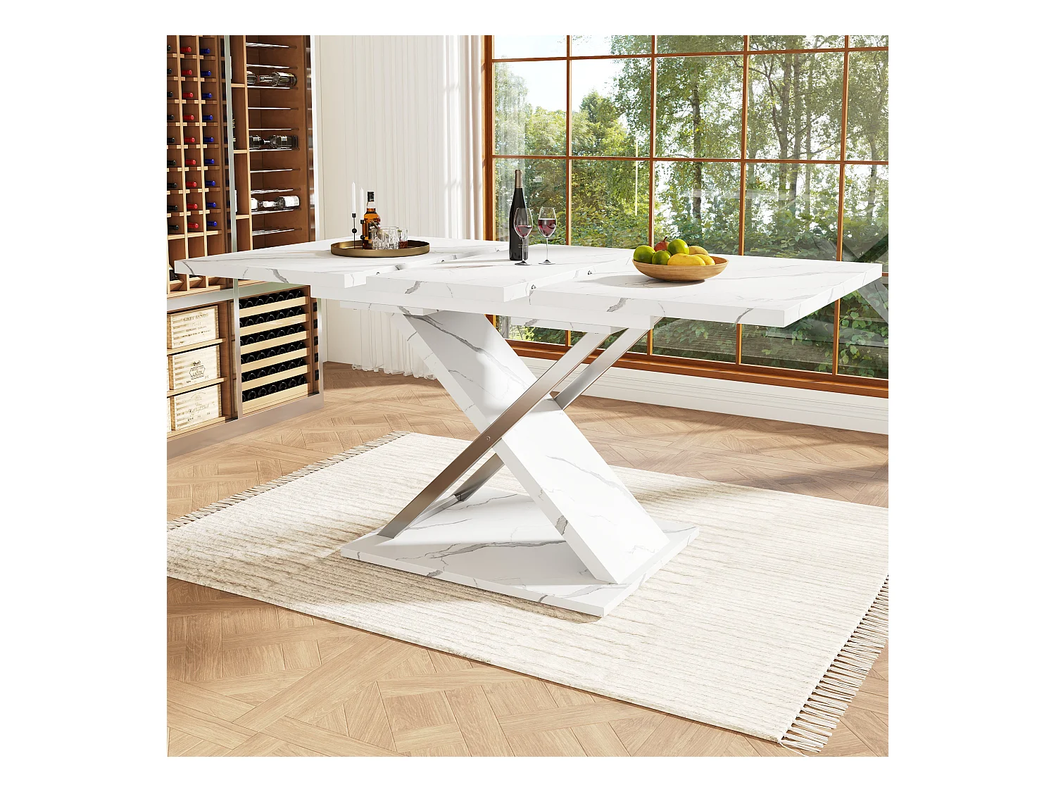 Uitschuifbare rechthoekige eettafel voor 4-6 personen, blad van wit marmerfineer met X-vormige poten - 118/157x75x76,4cm