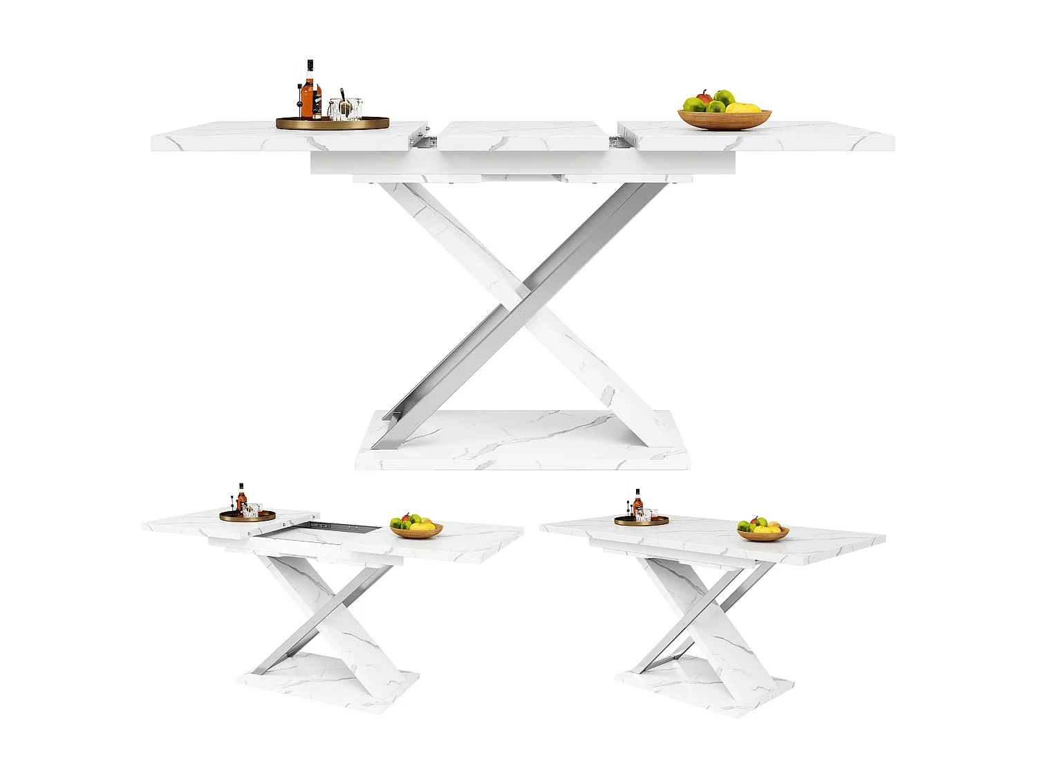 Table à manger extensible rectangle 4-6 personnes, plateau en placage marbre blanc avec pieds en X - 118/157x75x76.4cm