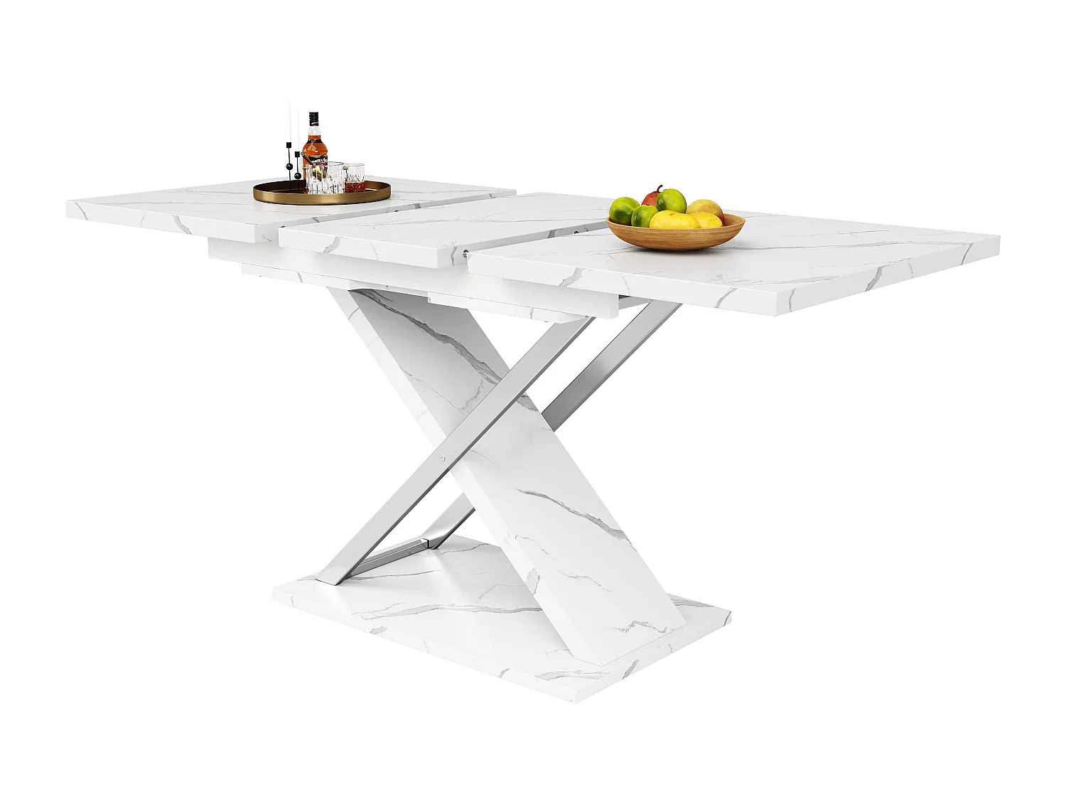 Table à manger extensible rectangle 4-6 personnes, plateau en placage marbre blanc avec pieds en X - 118/157x75x76.4cm