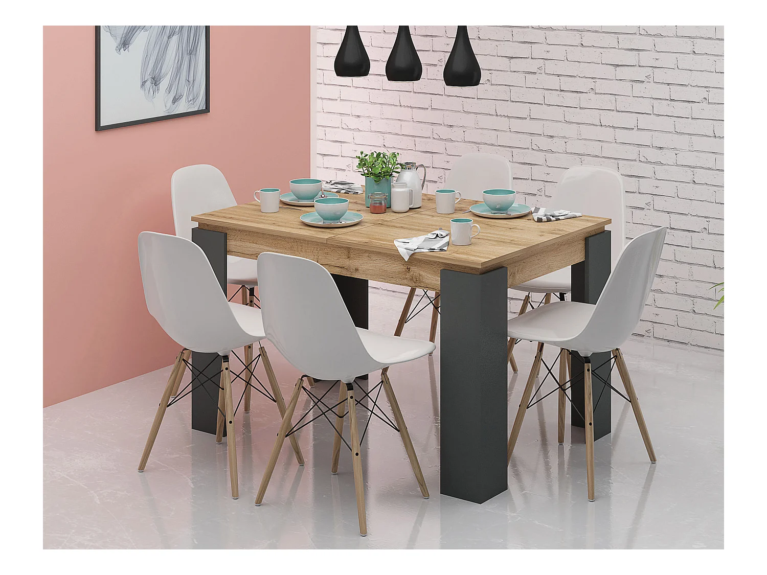 Tavolo da pranzo allungabile bicolore rovere naturale e antracite TG7