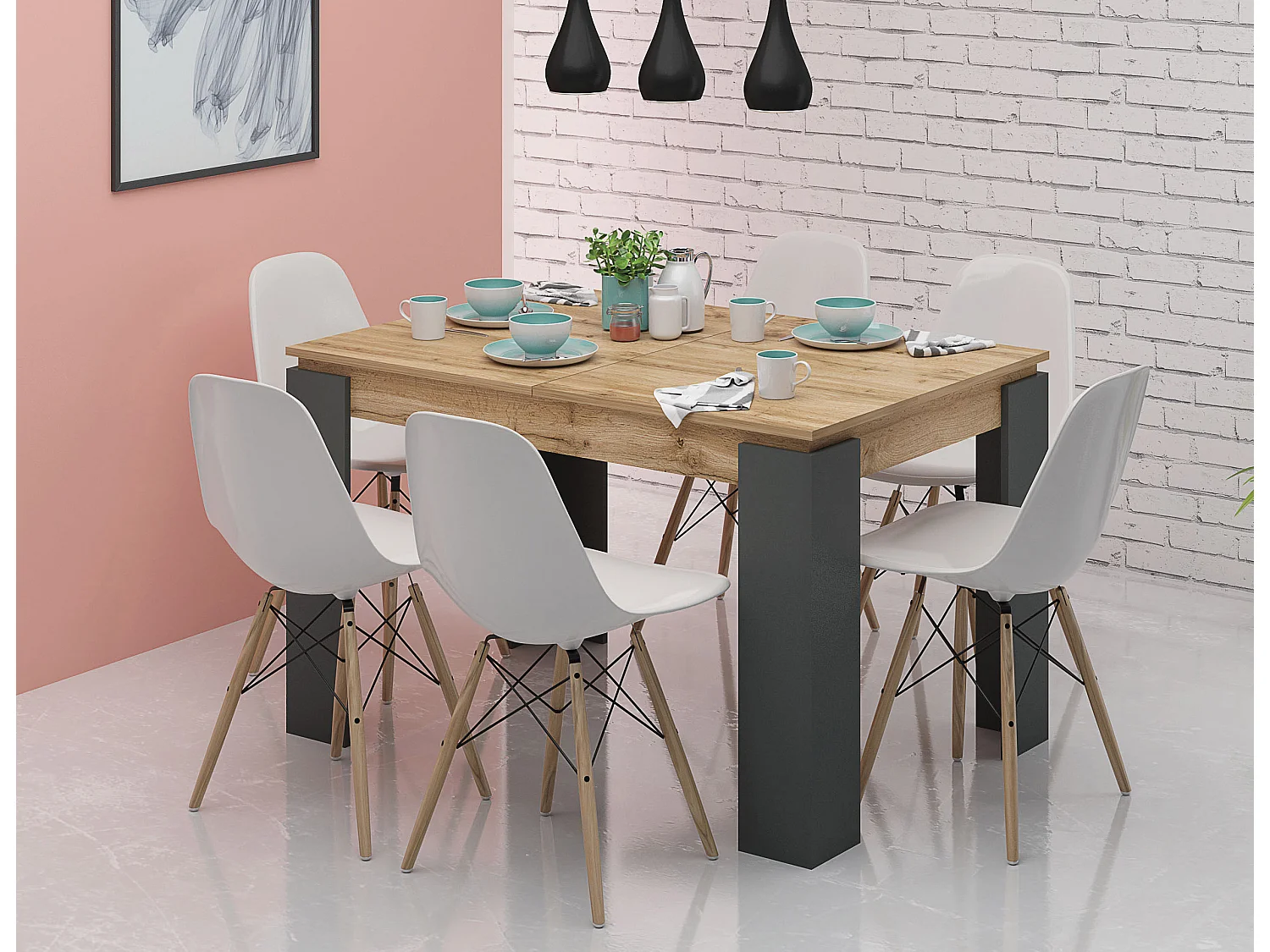 Tavolo da pranzo allungabile bicolore rovere naturale e antracite TG7