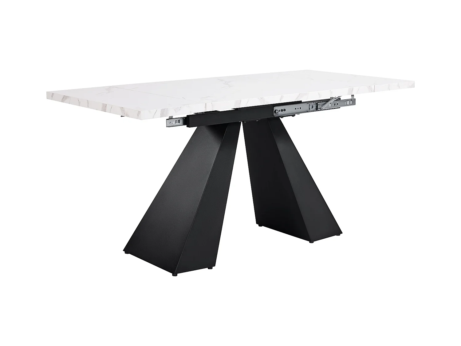 Table à manger extensible rectangle 4-6 personnes, plateau en placage marbre blanc avec 2 pieds en métal noir - 99/159x74x77cm