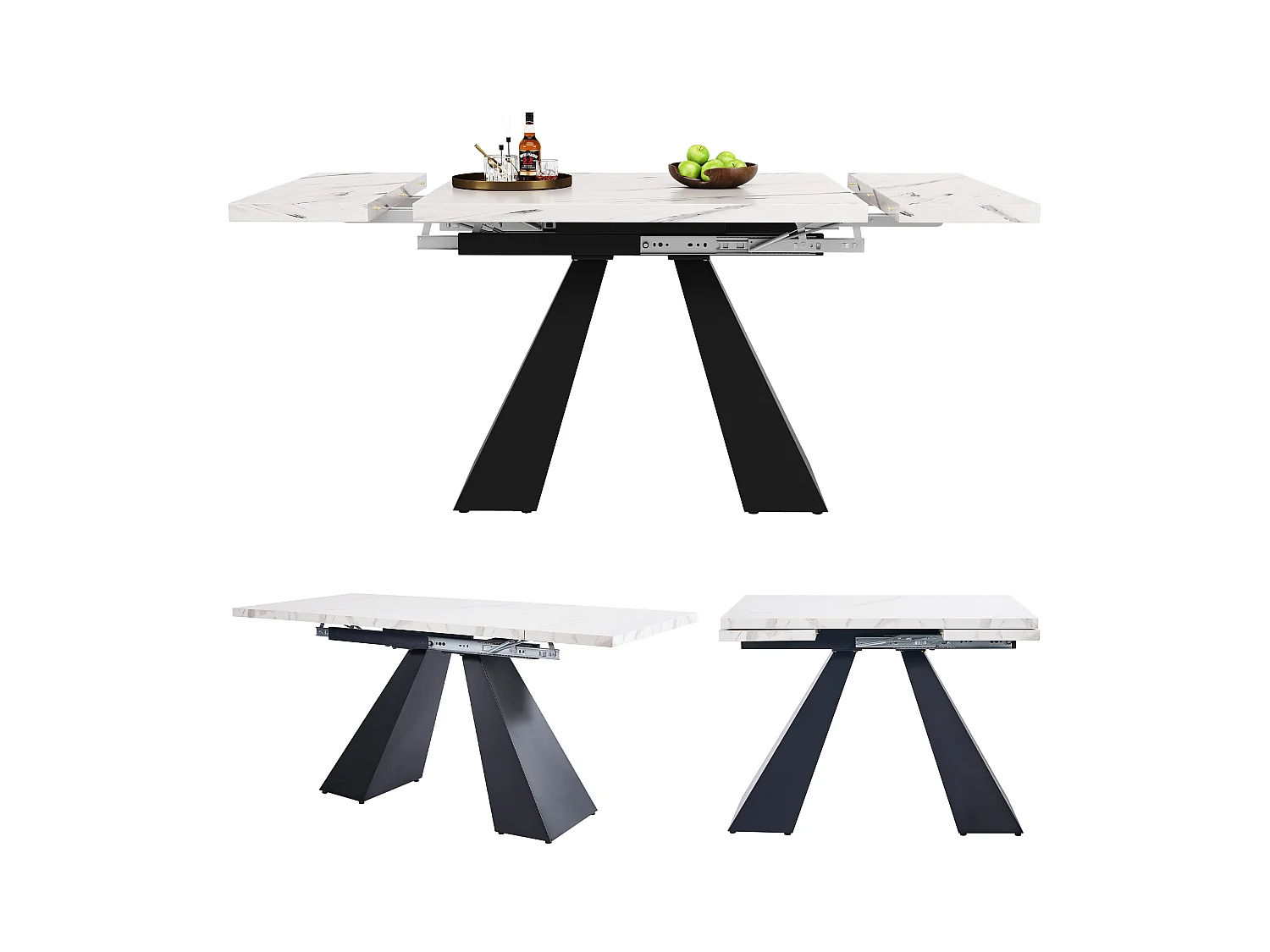 Table à manger extensible rectangle 4-6 personnes, plateau en placage marbre blanc avec 2 pieds en métal noir - 99/159x74x77cm