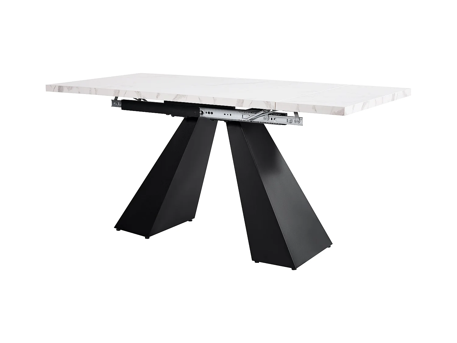 Table à manger extensible rectangle 4-6 personnes, plateau en placage marbre blanc avec 2 pieds en métal noir - 99/159x74x77cm