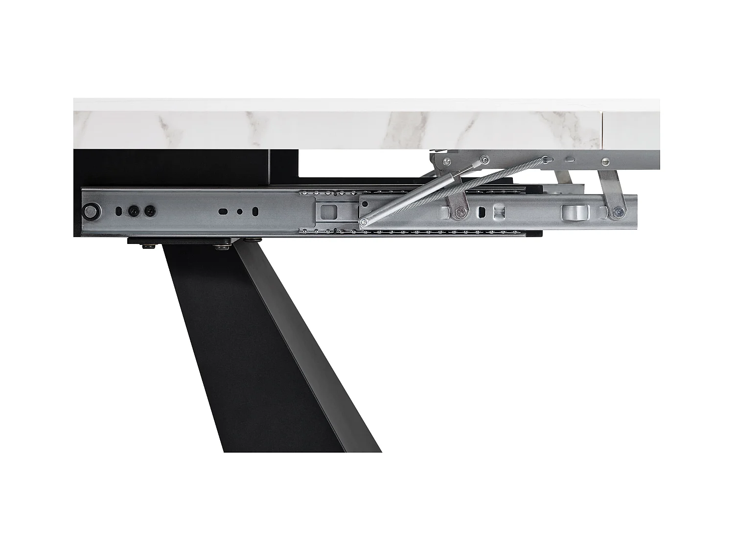 Table à manger extensible rectangle 4-6 personnes, plateau en placage marbre blanc avec 2 pieds en métal noir - 99/159x74x77cm