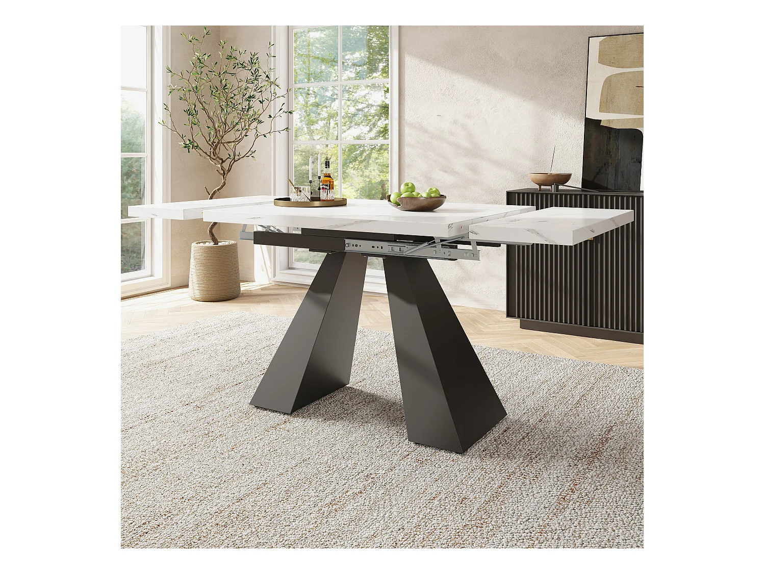 Table à manger extensible rectangle 4-6 personnes, plateau en placage marbre blanc avec 2 pieds en métal noir - 99/159x74x77cm