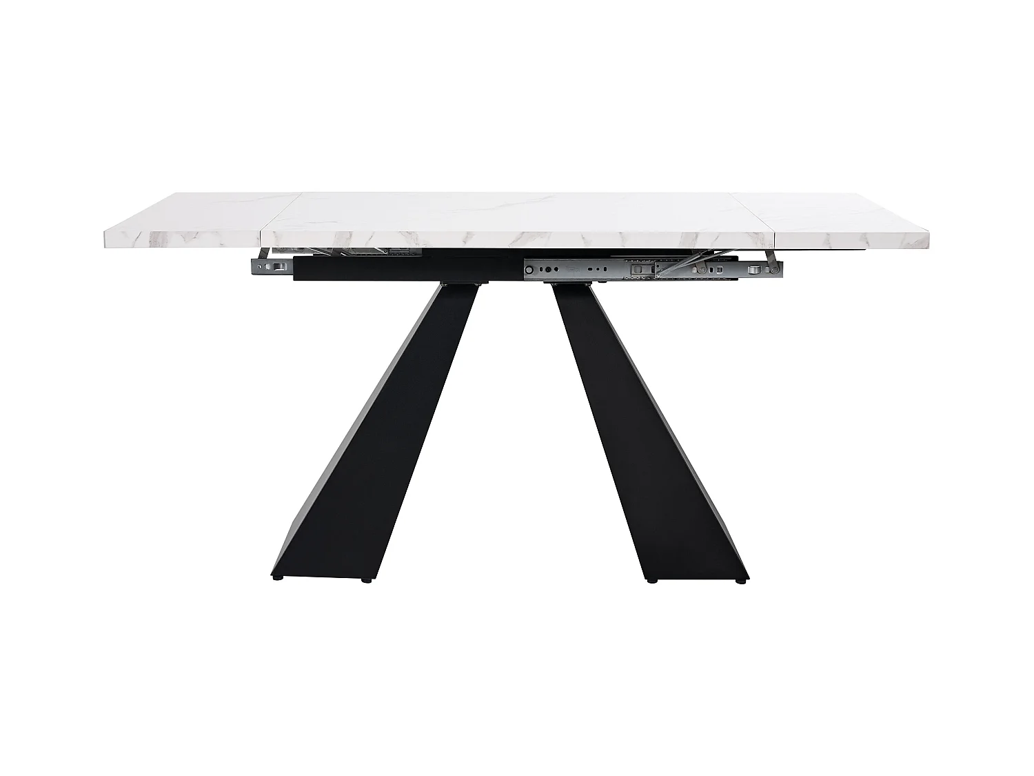 Table à manger extensible rectangle 4-6 personnes, plateau en placage marbre blanc avec 2 pieds en métal noir - 99/159x74x77cm