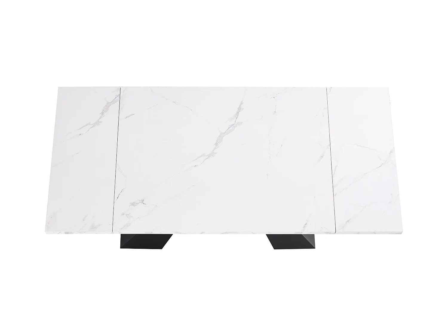 Table à manger extensible rectangle 4-6 personnes, plateau en placage marbre blanc avec 2 pieds en métal noir - 99/159x74x77cm