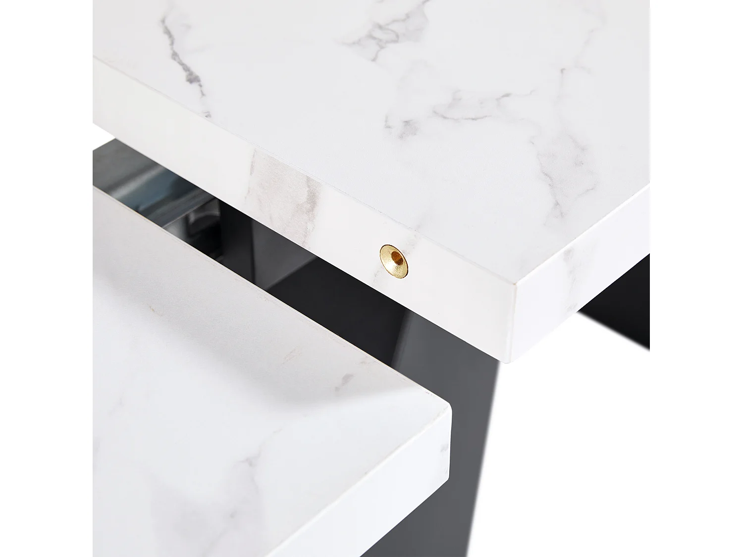 Table à manger extensible rectangle 4-6 personnes, plateau en placage marbre blanc avec 2 pieds en métal noir - 99/159x74x77cm