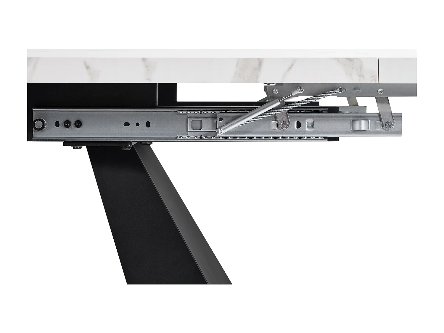 Uitschuifbare rechthoekige eettafel voor 4-6 personen, blad met wit marmerlook en 2 zwarte metalen poten - 99/159x74x77cm