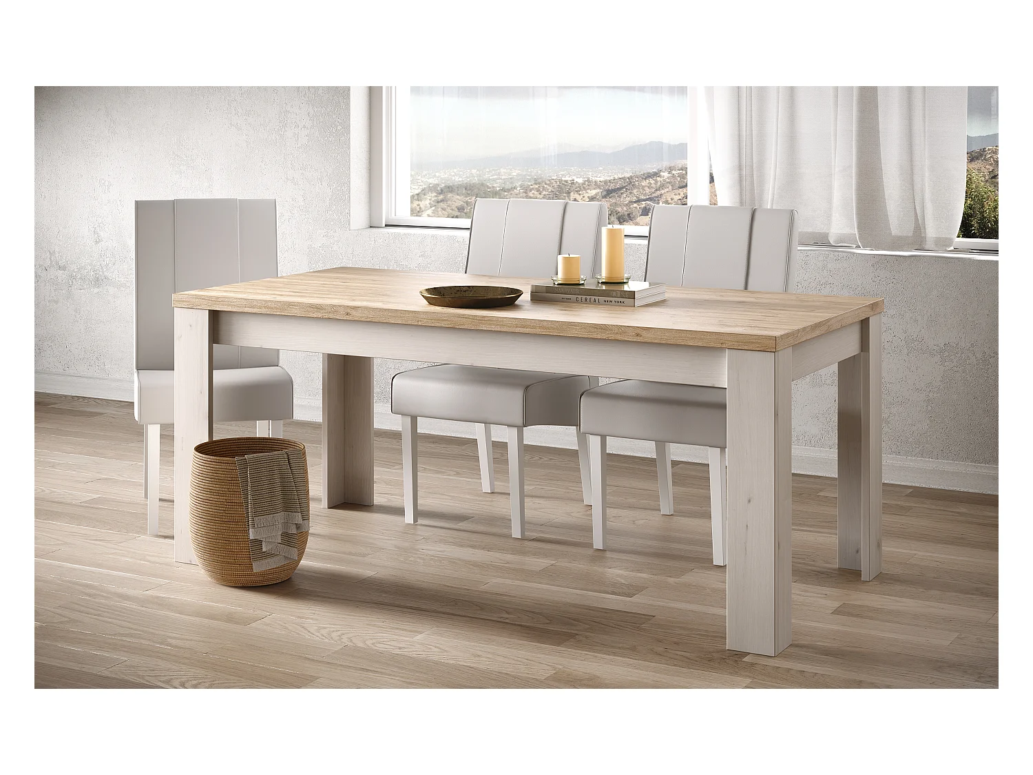 Tavolo da cucina moderno 180x90 cm bianco effetto legno e rovere TCL24