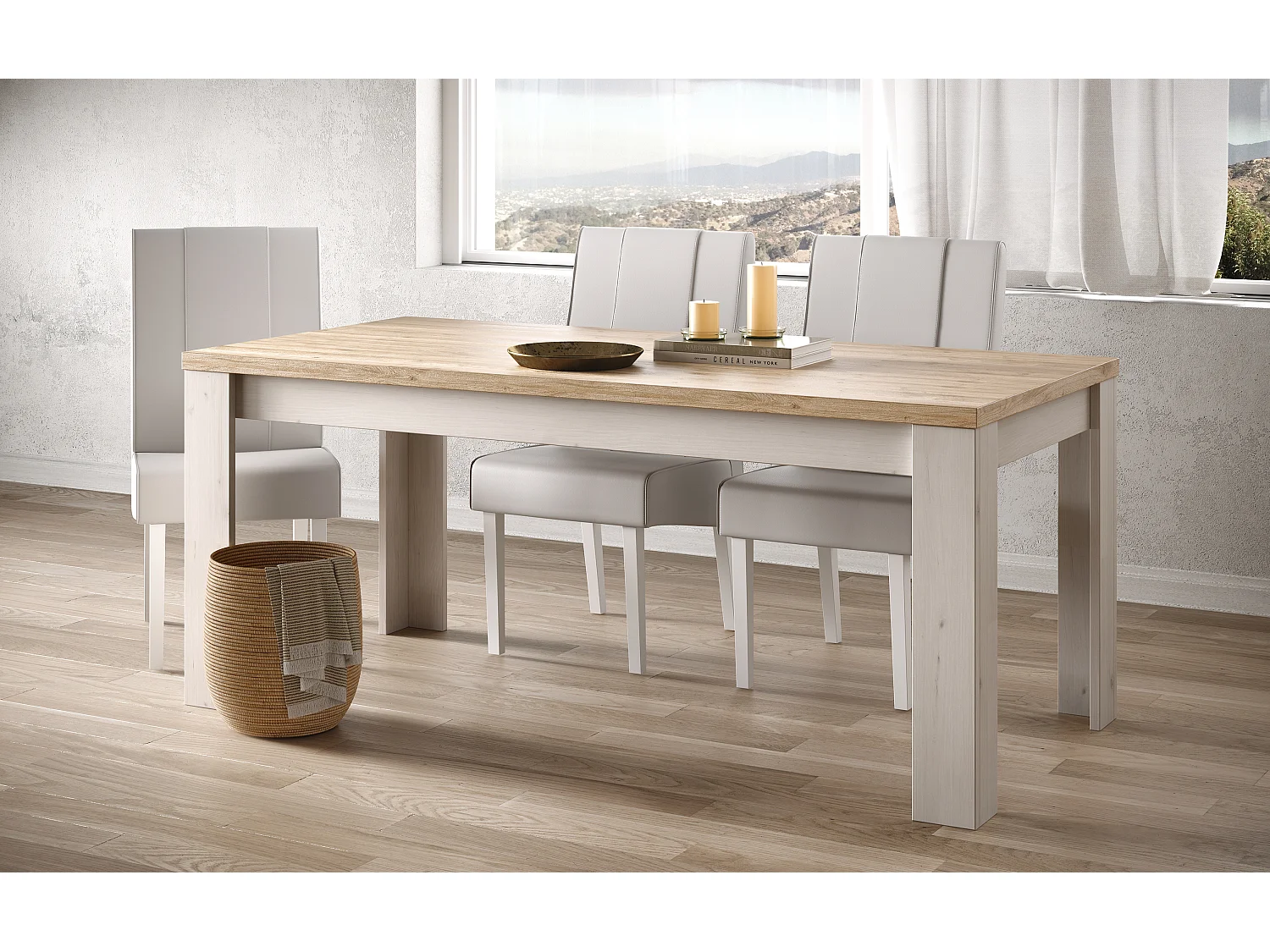 Tavolo da cucina moderno 180x90 cm bianco effetto legno e rovere TCL24