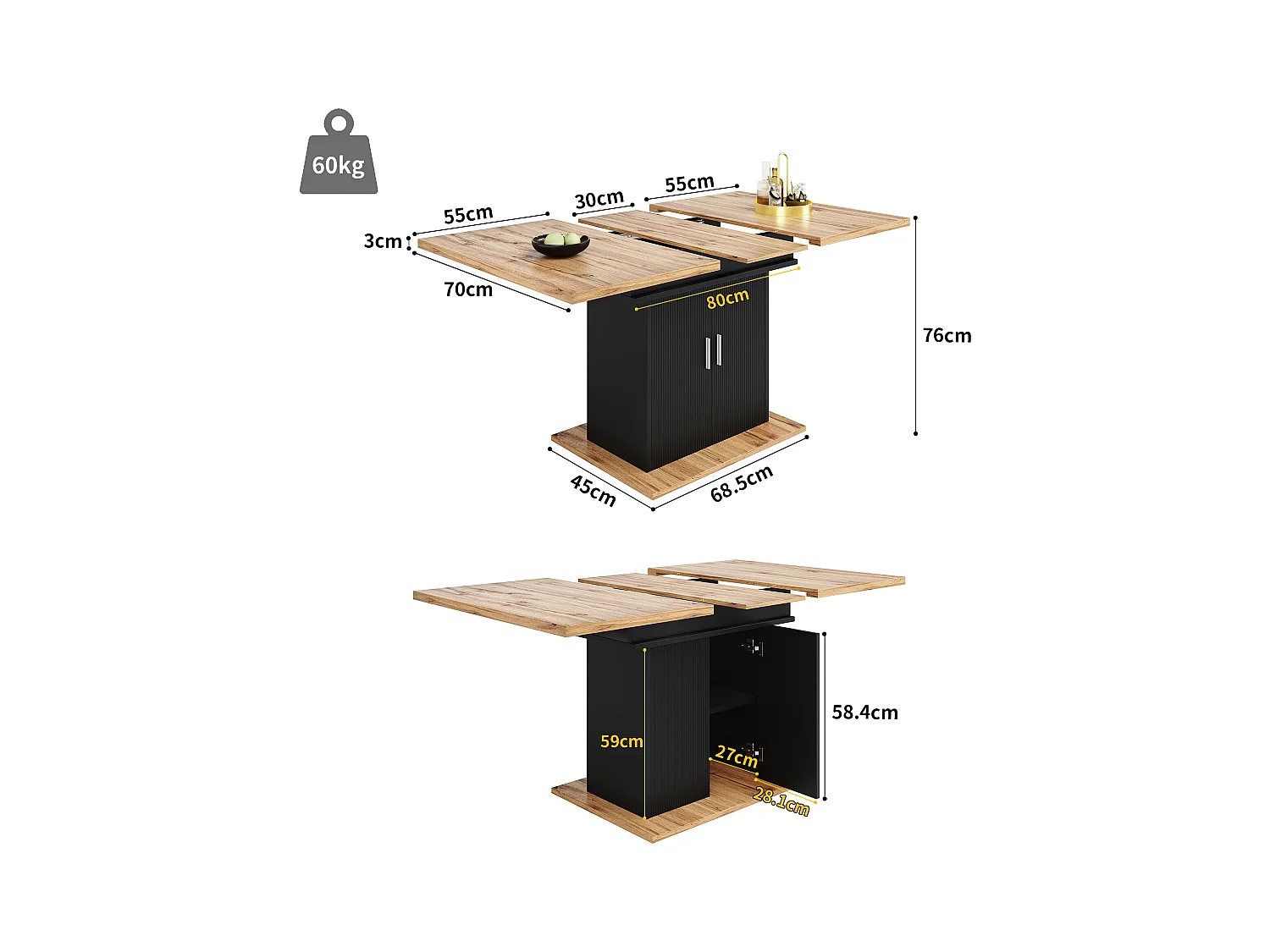 Uitschuifbare eettafel voor 6-8 personen met 2 deuren, licht natuurlijk houtfineerblad, zwarte behuizing - 110/140x70x76cm