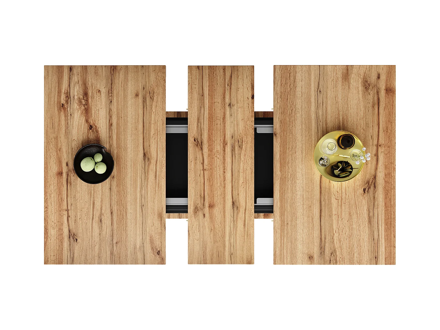 Uitschuifbare eettafel voor 6-8 personen met 2 deuren, licht natuurlijk houtfineerblad, zwarte behuizing - 110/140x70x76cm