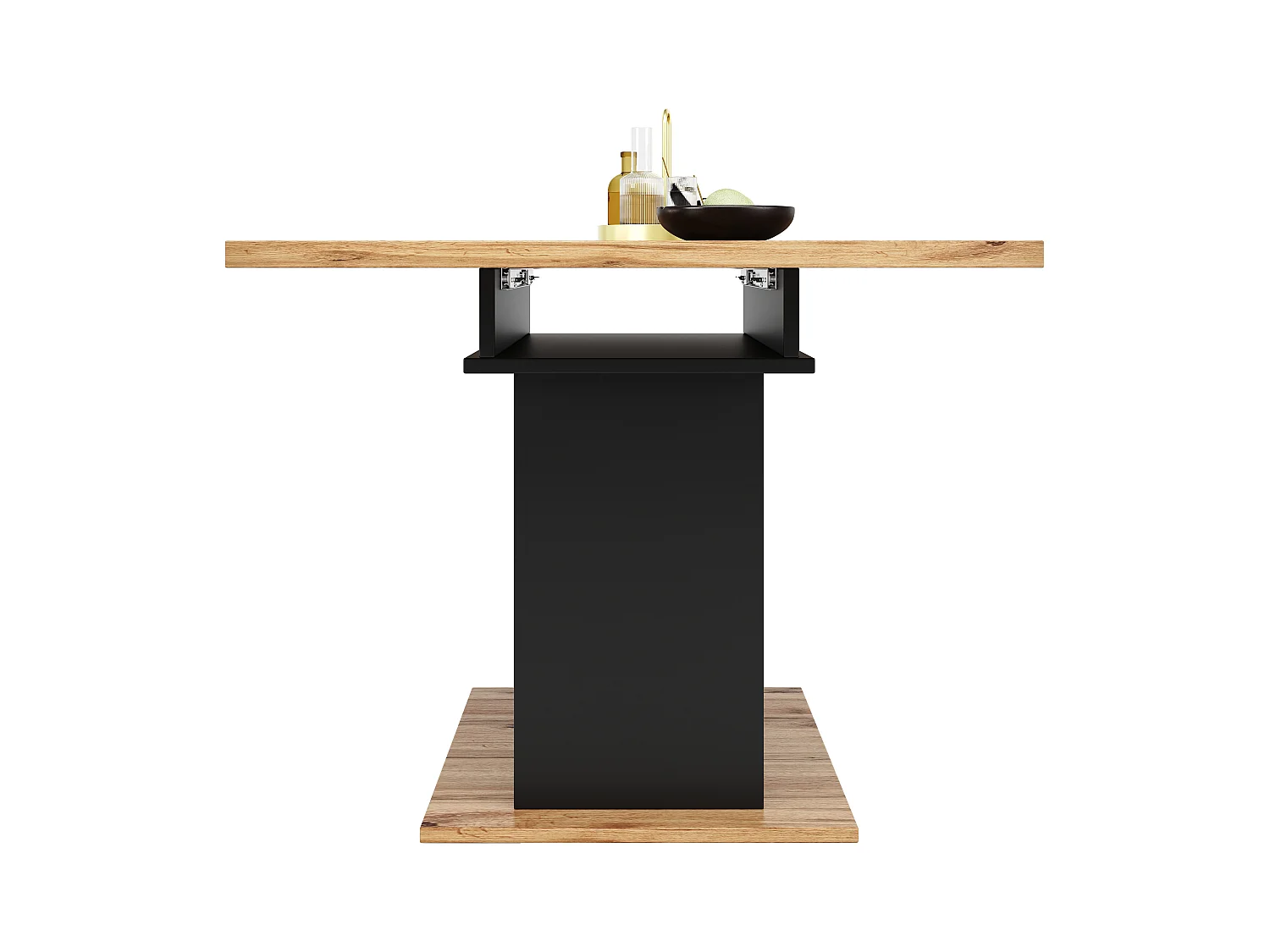 Uitschuifbare eettafel voor 6-8 personen met 2 deuren, licht natuurlijk houtfineerblad, zwarte behuizing - 110/140x70x76cm