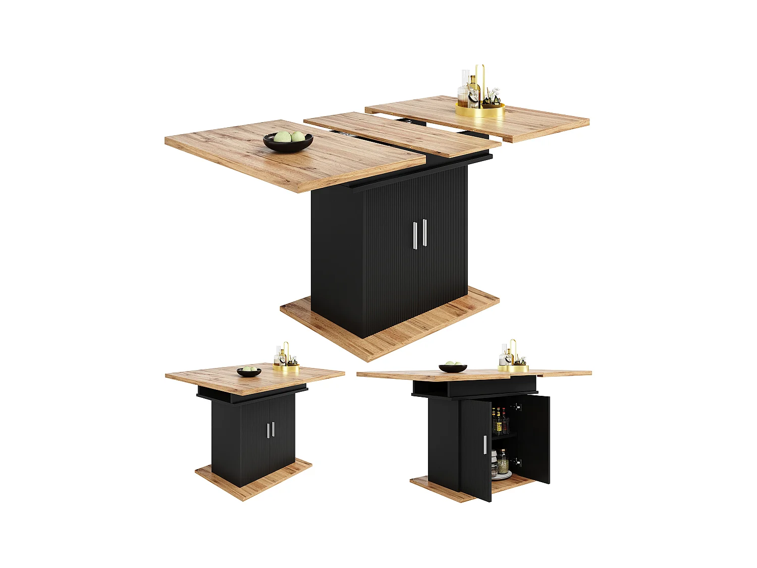 Table à manger extensible 6-8 personnes avec 2 portes, plateau en placage woodgrain naturel clair, corps noir - 110/140x70x76cm