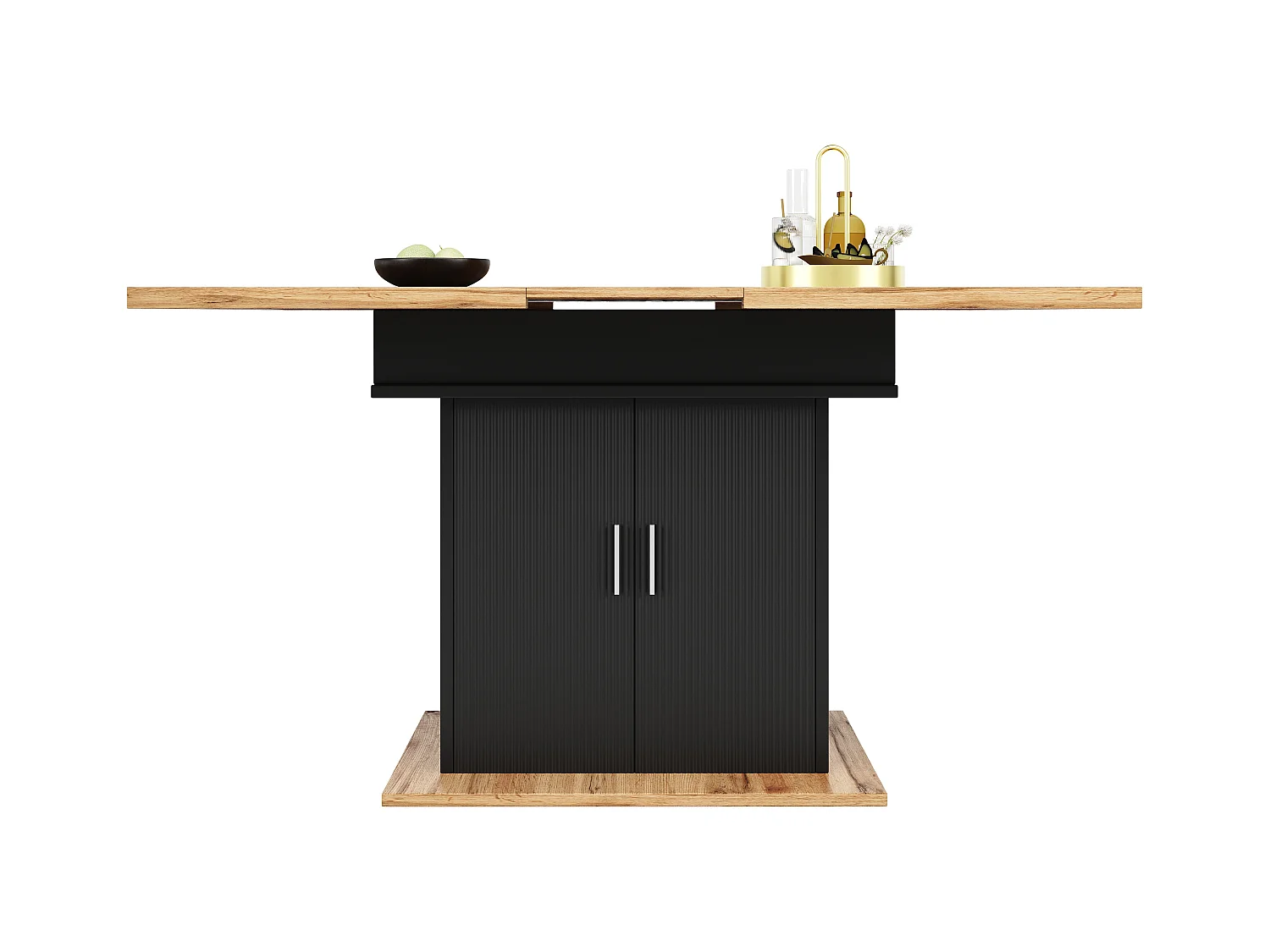 Table à manger extensible 6-8 personnes avec 2 portes, plateau en placage woodgrain naturel clair, corps noir - 110/140x70x76cm