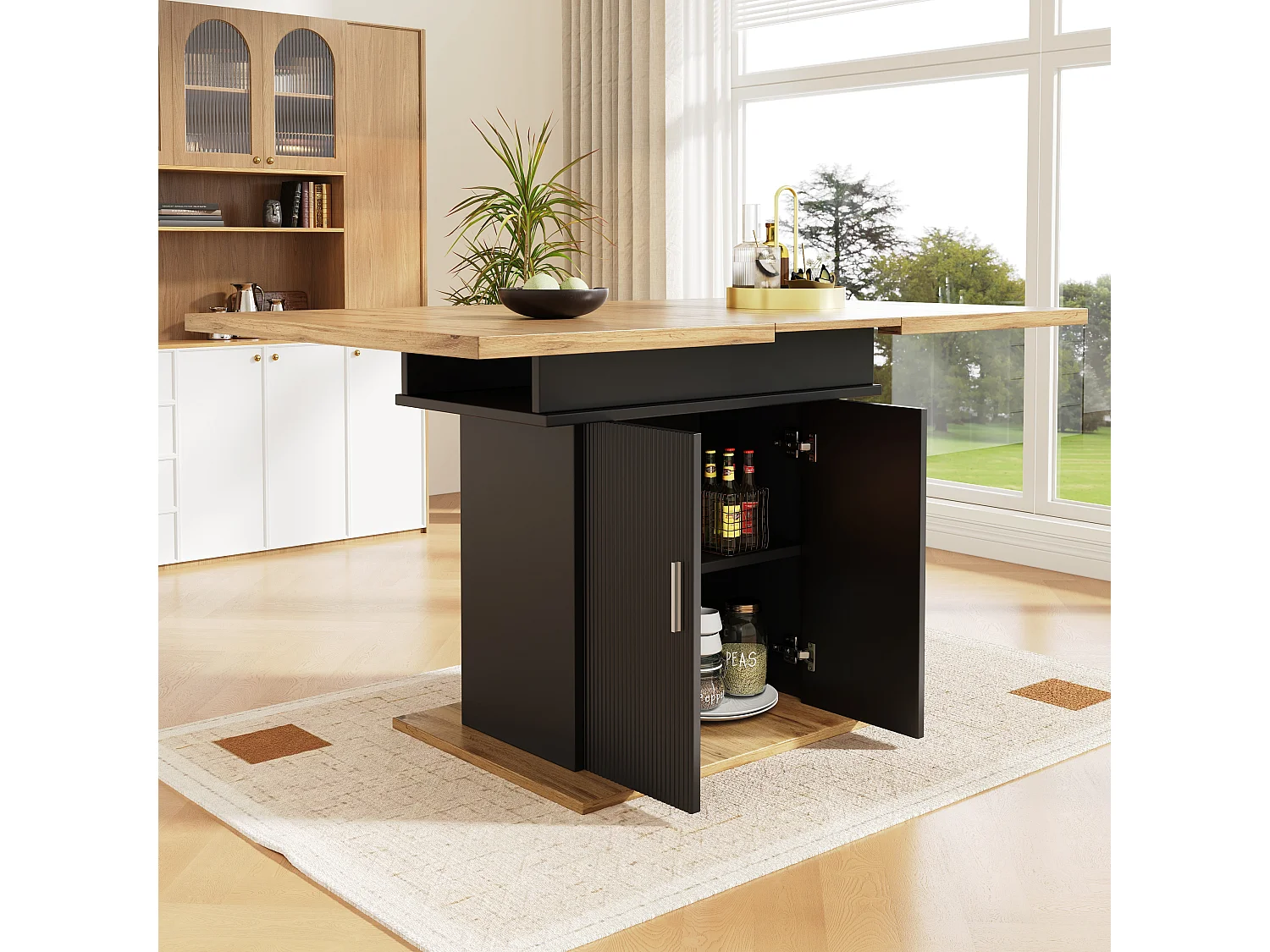 Table à manger extensible 6-8 personnes avec 2 portes, plateau en placage woodgrain naturel clair, corps noir - 110/140x70x76cm