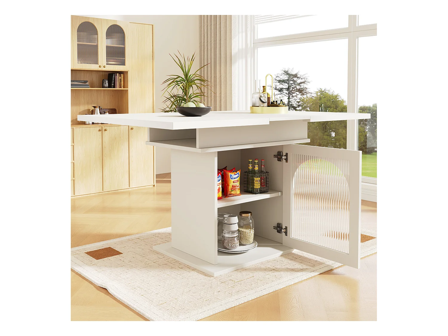 Mesa de jantar extensível para 6-8 pessoas com 1 porta de vidro, corpo branco - 110/140x80x76cm