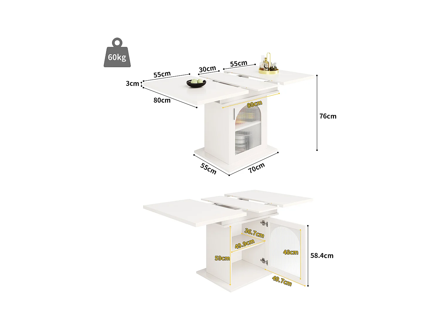 Mesa de jantar extensível para 6-8 pessoas com 1 porta de vidro, corpo branco - 110/140x80x76cm