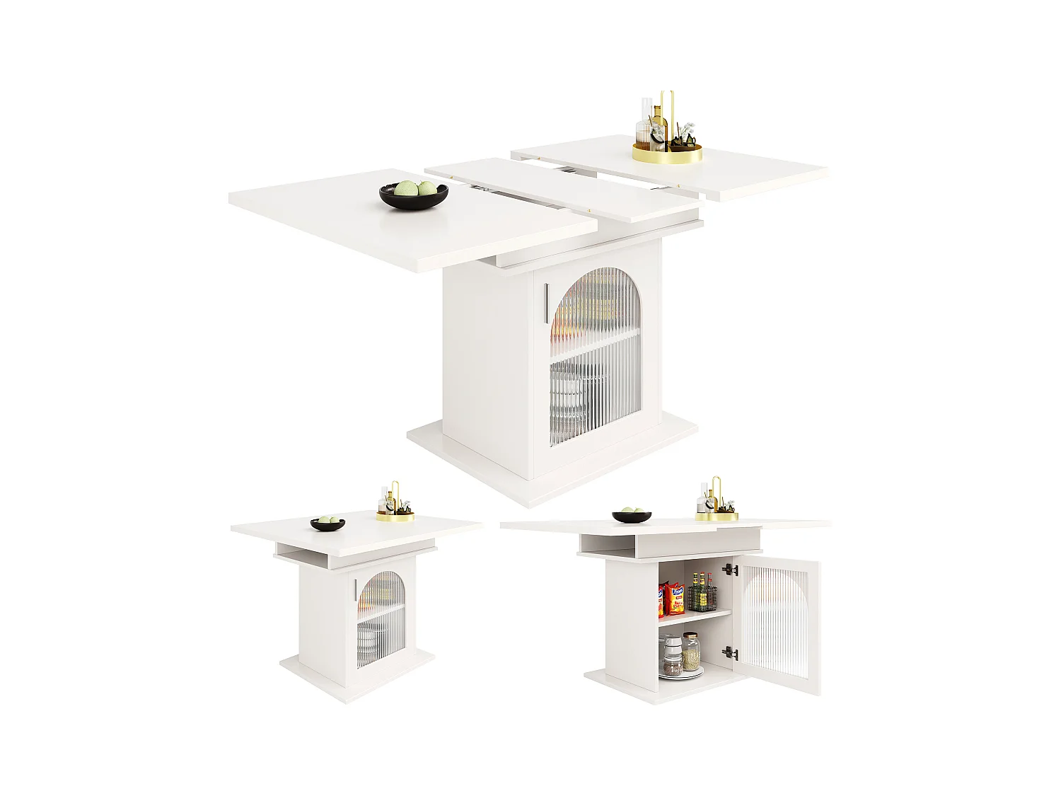 Mesa de jantar extensível para 6-8 pessoas com 1 porta de vidro, corpo branco - 110/140x80x76cm