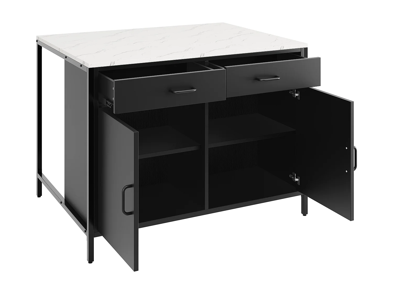 Ilot central de cuisine avec 2 tiroirs et 2 portes, plateau en placage marbre blanc, corps noir - 100x90x90cm