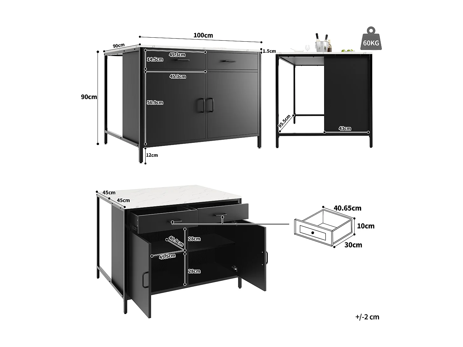 Ilot central de cuisine avec 2 tiroirs et 2 portes, plateau en placage marbre blanc, corps noir - 100x90x90cm