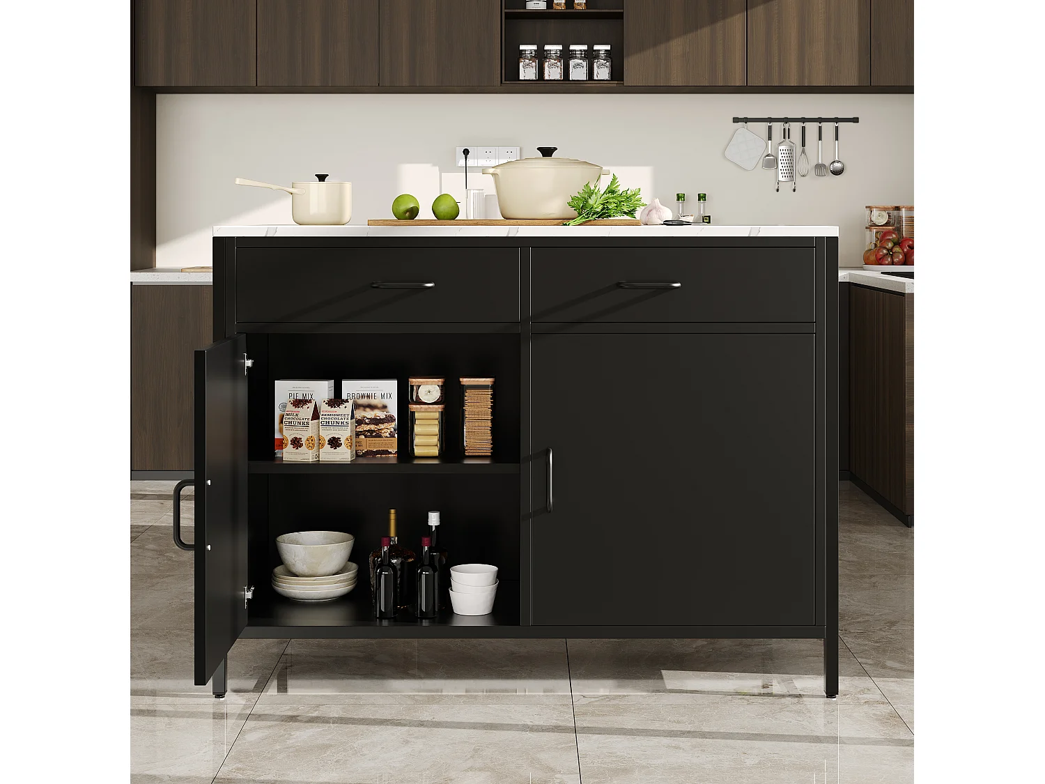 Ilot central de cuisine avec 2 tiroirs et 2 portes, plateau en placage marbre blanc, corps noir - 100x90x90cm