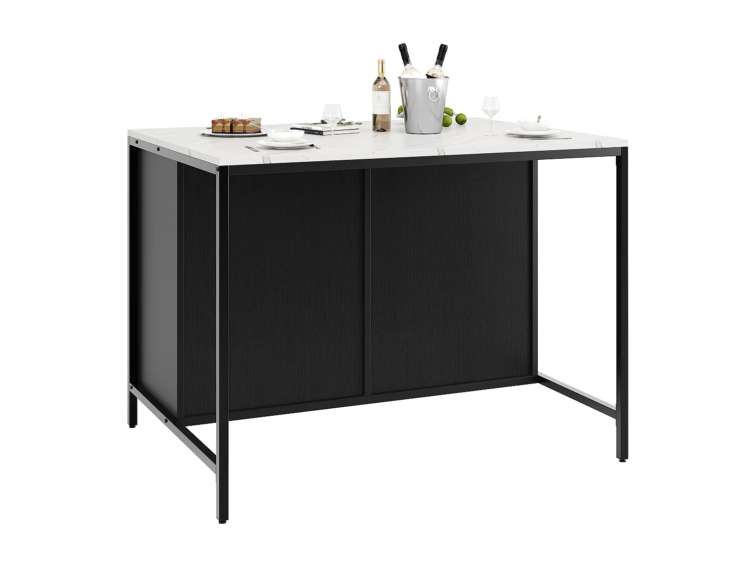 Ilot central de cuisine avec 2 tiroirs et 2 portes, plateau en placage marbre blanc, corps noir - 100x90x90cm