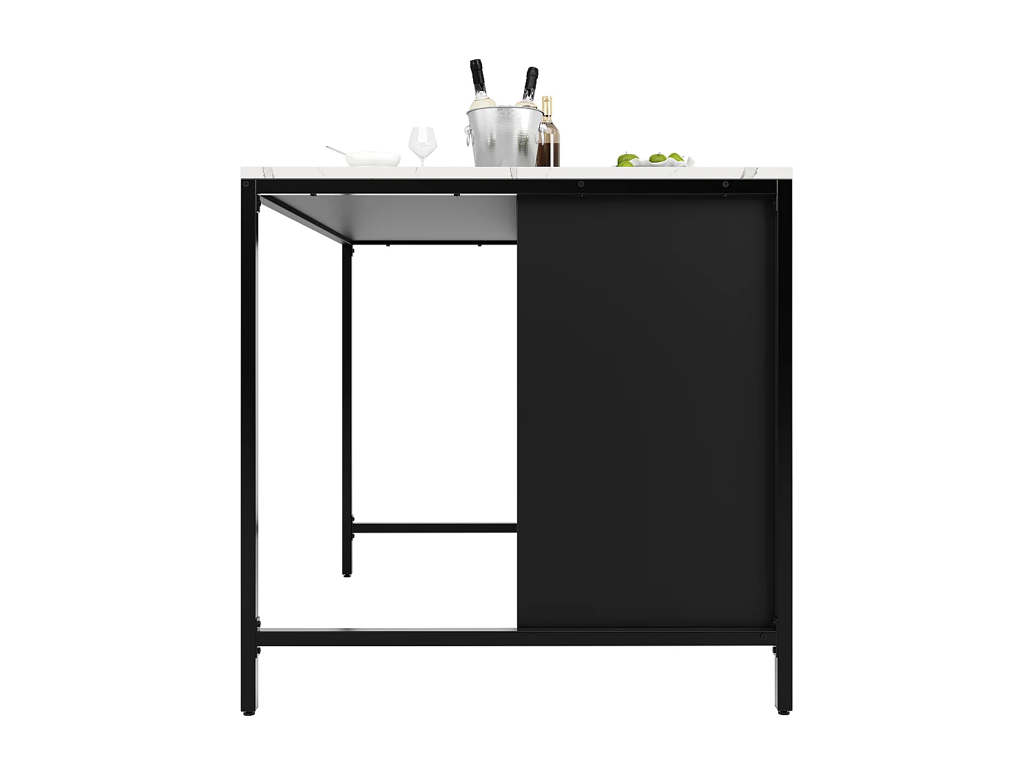 Ilot central de cuisine avec 2 tiroirs et 2 portes, plateau en placage marbre blanc, corps noir - 100x90x90cm