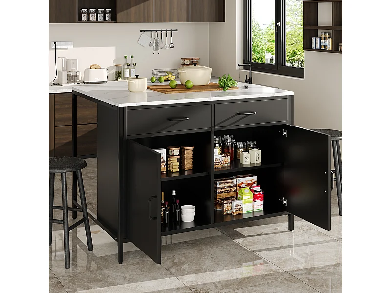 Isla de cocina con 2 cajones y 2 puertas, encimera chapada en mármol blanco, cuerpo negro - 100x90x90cm