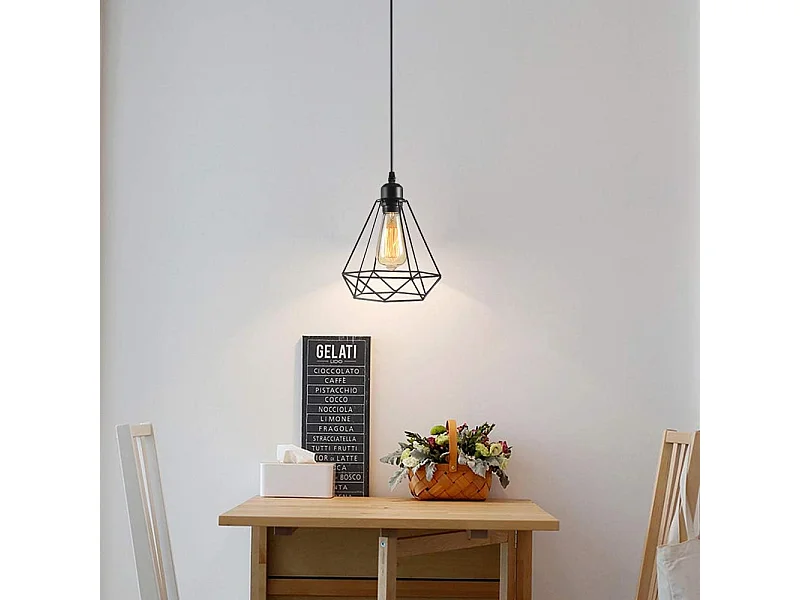 Lustre vintage, plafonnier E27, lampe cage noire, abat-jour en métal, idéal pour un salon, une chambre ou une cuisine