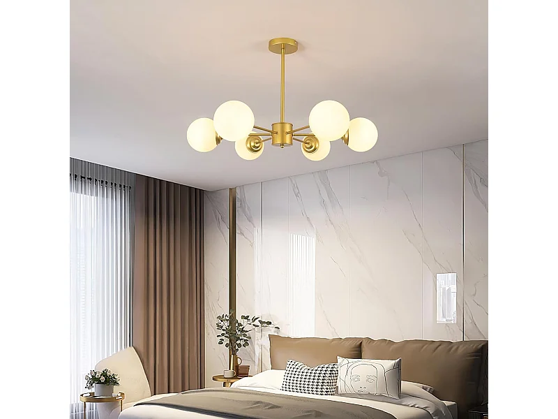 Lustre moderne, 6 lampes en métal, avec abat-jour en verre, plafonnier moderne doré, convient pour chambre à coucher, salon, E27, sans ampoule
