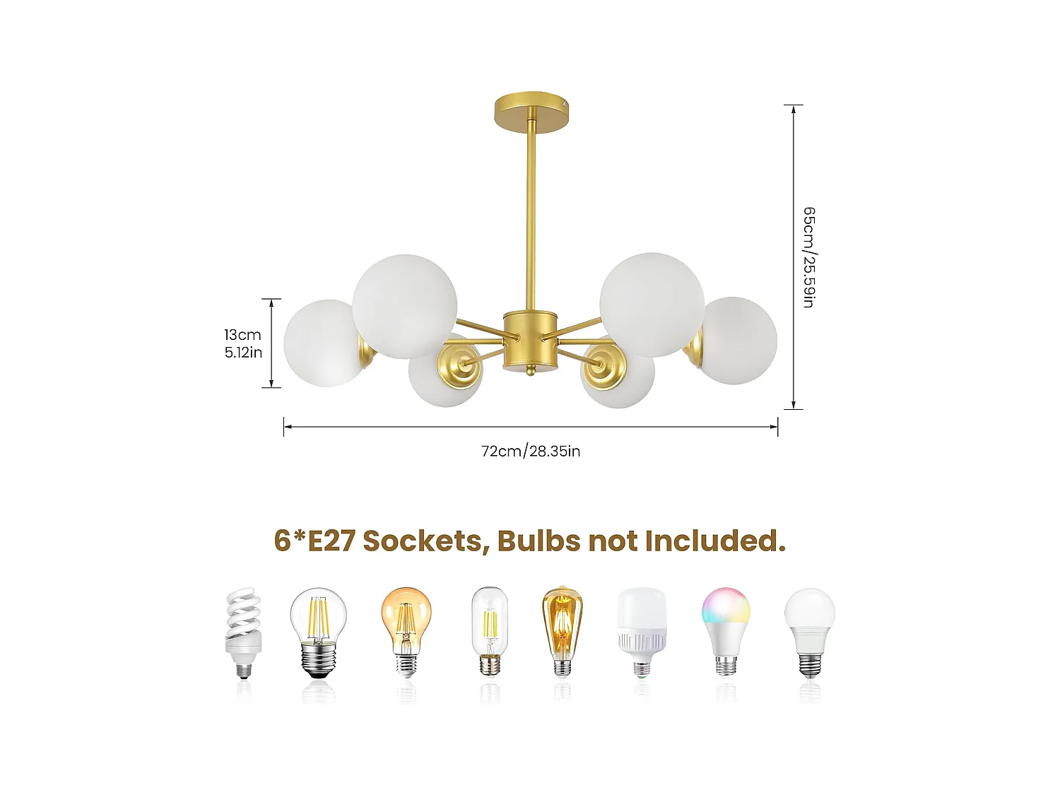 Lustre moderne, 6 lampes en métal, avec abat-jour en verre, plafonnier moderne doré, convient pour chambre à coucher, salon, E27, sans ampoule