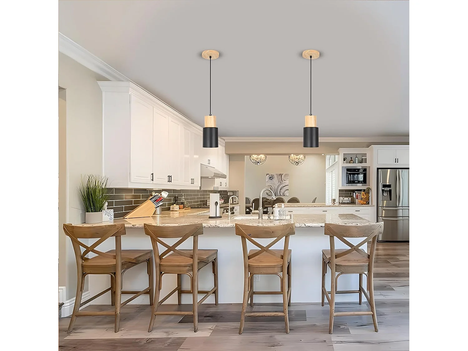 Lot de 2 suspensions vintage en métal et bois, style E27, réglables en hauteur, idéales pour le salon ou la chambre à coucher