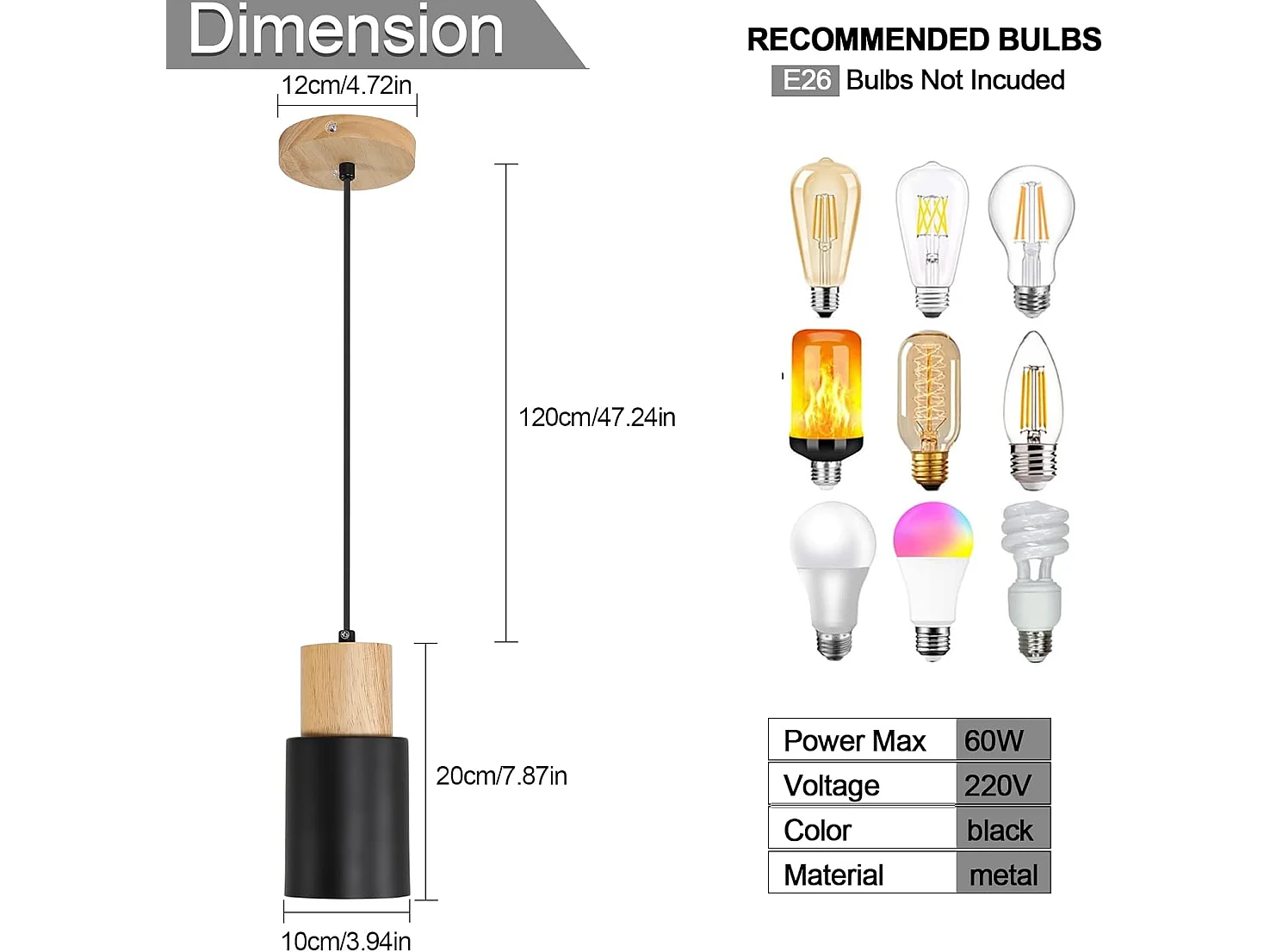 Lot de 2 suspensions vintage en métal et bois, style E27, réglables en hauteur, idéales pour le salon ou la chambre à coucher
